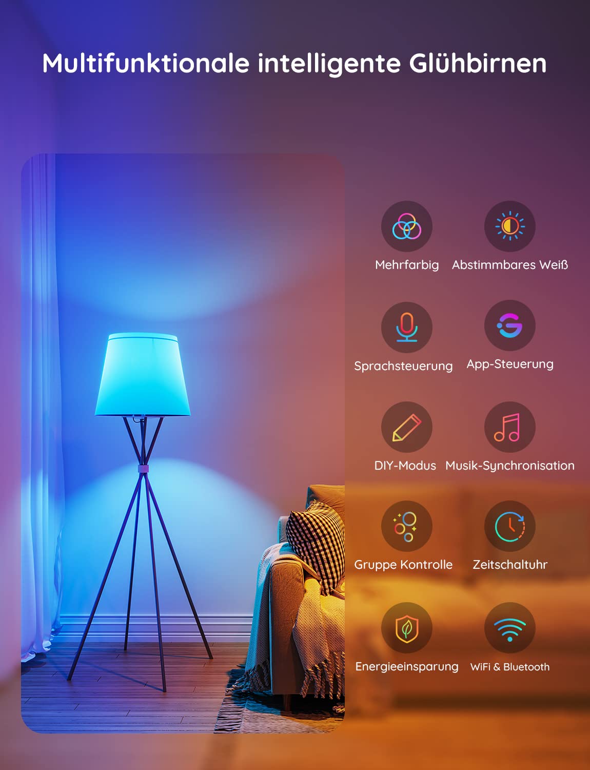 Govee Smart Light Bulb E27, WLAN Lamp RGBWW Dimmable with 16 Million Colours, 54 Scenes, Alexa Accessories LED Smart Bulb Works with Alexa Google Assistant, Timer, Group Control, Pack of 6