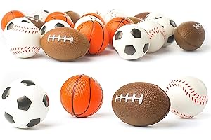NELIBLU Set of 24 Sports 2.5" Stress Balls - Includes Soccer Ball, Basketball, Football, Baseball Squeeze Balls for Stress Relief, Party Favors, Ball Games and Prizes, Stocking Stuffers - Bulk 2 Dozen Balls