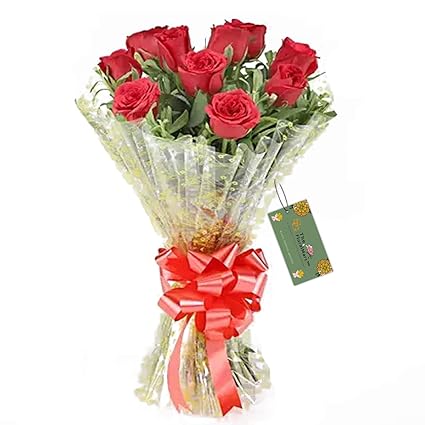 The FloralMart Fresh Flower Bouquet of 08 Red Roses in Cellophane Wrapping Hand Tied with Ribbons