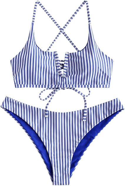 Zaful Women's Two-Piece Swimsuit With Shorts - Striped Bikini Set For Beach & Vacation