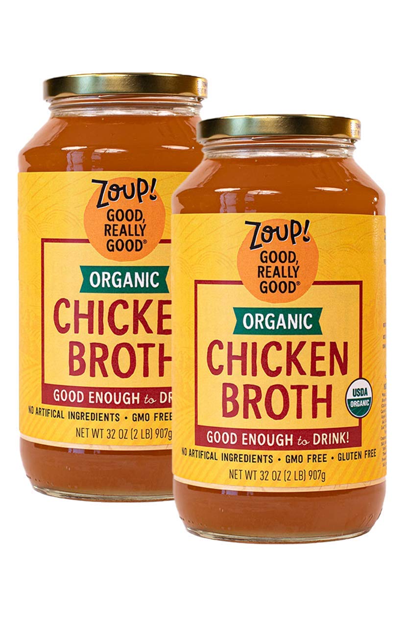 Organic Chicken Broth by Zoup! – Gluten Free, Non GMO, Fat Free Organic Chicken Broth - Great for Stock, Bouillon, Soup Base or to Drink, 2-pack of 32 oz Jars