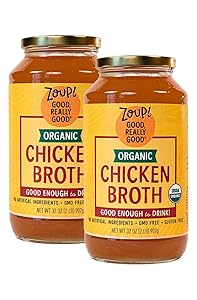 Organic Chicken Broth by Zoup! – Gluten Free, Non GMO, Fat Free Organic Chicken Broth - Great for Stock, Bouillon, Soup Base or to Drink, 2-pack of 32 oz Jars