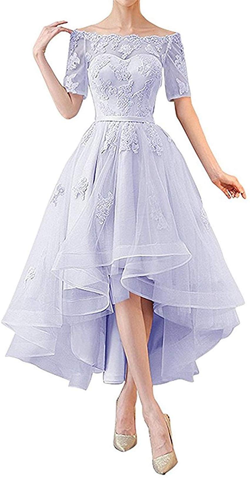 Women's Off The Shoulder High Low Lace Prom Dress Half Sleeves Evening Gowns Lavender US10
