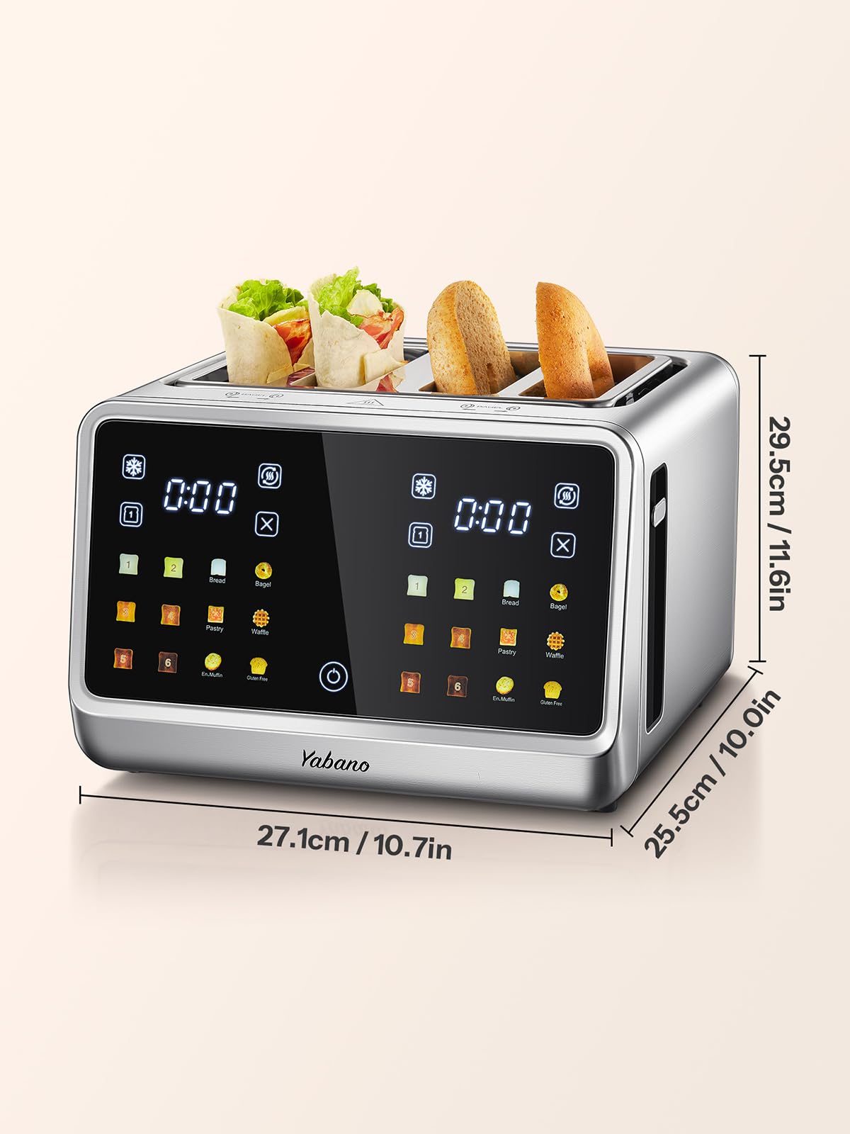 Tostadora Yabano de 4 rebanadas con control táctil inteligente, 6 niveles de sombra y 6 configuraciones de pan, ranura extra ancha para bagels/muffins ingleses, diseño compacto con bandeja recogemigas extraíble