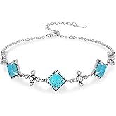 DOLIOX Genuine Square Turquoise Bracelets for Women 925 Sterling Silver Adjustable Real Gemstone Southwest Boho Cross Jewelry for Her 6 to 8 Inch