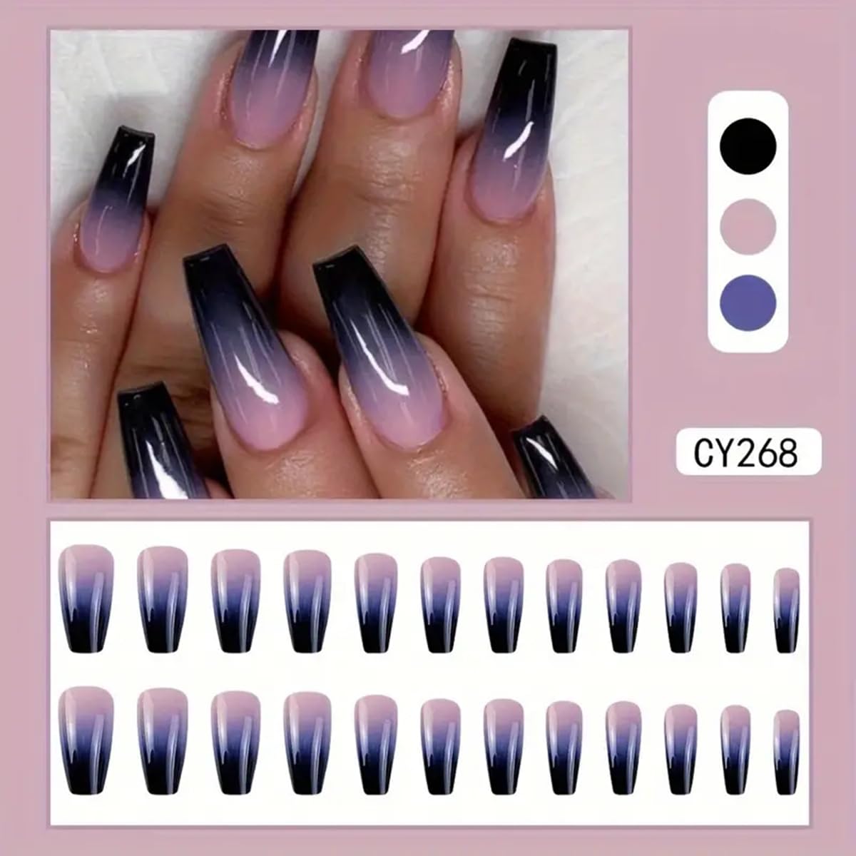 Long Press on Coffin Fake Nails - Purple and Black Gradient French Press on False Acrylic Nails - Full Cover Glossy Glue on Medium Reusable Artificial Stick on for Women Girls - Image 2
