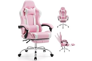 DUMOS Ergonomic Gaming Office Desk Chair with Footrest and Headrest for Adults, PU Leather Video Computer Chair with Linkage Armrests, Height Adjustable 360° Swivel Recling Chair, White Pink