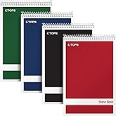 TOPS Steno Pads 4 Pack, 6" x 9" Spiral Steno Notebooks, Gregg Rule for lists, 80 Sheets Each, White Paper, Assorted Covers, Take Notes for School, College, Work, Office (80220)