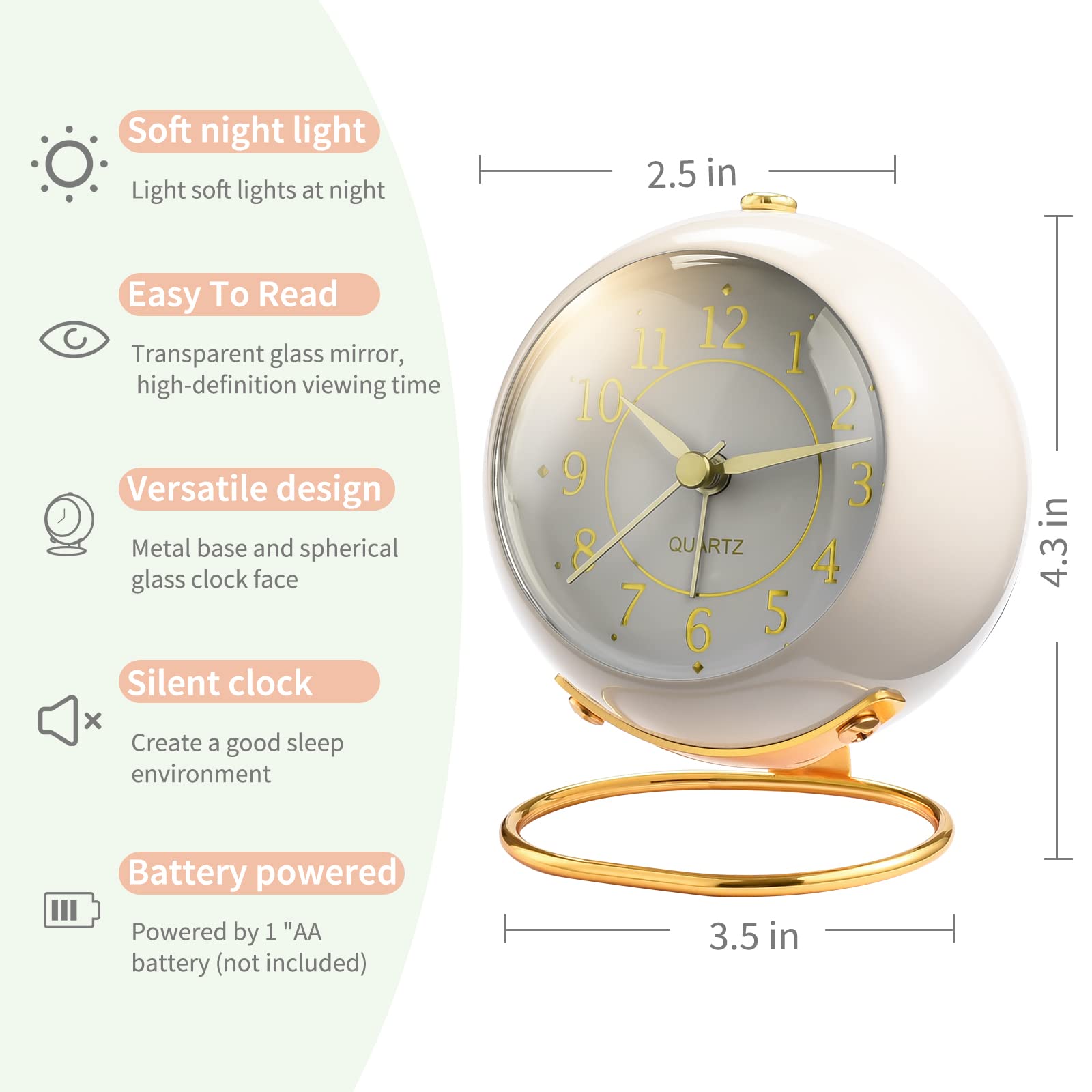 Analog Alarm Clocks,Retro Backlight Cute Simple Design Small Desk Clock with Night Light,Silent Non-Ticking,Battery Powered,for Kids,Bedroom,Travel,Kitchen,Bedside Desktop.(Green)