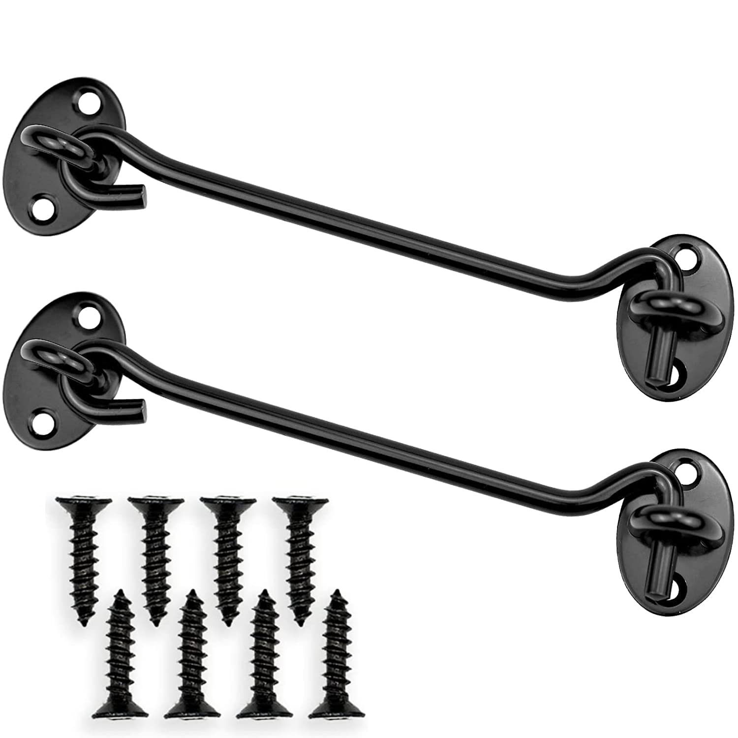 Pubiao 6 Inch Hook and Eye Latch Gate Hook Lock Stainless Steel Heavy Duty Latch with Screws For Door Window Cabinet Closet Garage Gate Garden (Pack of 2) Black