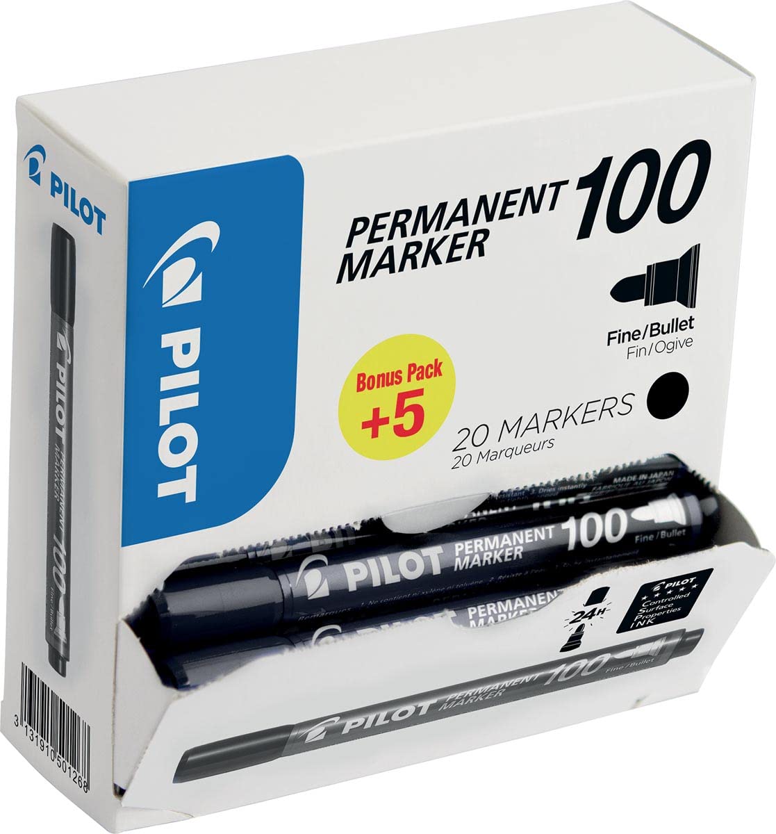 Pilot 100 Series, 4.5mm Bullet Tip Permanent Marker- Black (Box of 20)