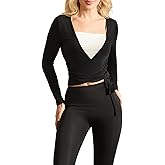 KOSUSANILL Women Ballet Wrap Top Long Sleeve Low Neck Pilates Sexy Tie Up Crop Shirts Slim Fit Yoga Workout Cover Up Blouse