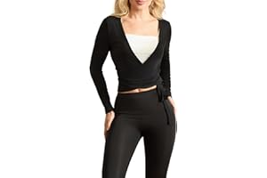 AMIBLVOWA Amiblwova Women Ballet Wrap Top Yoga Pilates Wrap Shirt Long Sleeve Workout Dance Top Self Tie Strap Ballerina Blouse