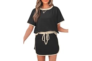 OPEMIBY Women's 2 Piece Sets Summer Casual Short Sleeve Tops and Matching Drawstring Skort Going Out Lounge Outfits