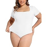 FOREYOND Plus Size Bodysuits for Women Short Sleeves Square Neck Body Suit Tops Casual Basic Slim Fit Shirts Leotards, White, 1XL