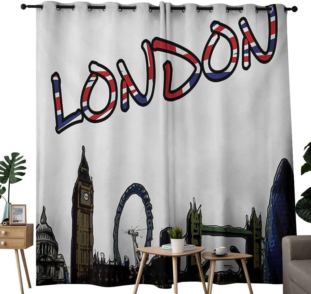 NUOMANAN Blackout Curtain Panels Window Draperies London,Cartoon Drawing Style Famous Landmarks of London United Kingdom Big Ben Parliament,Multicolor,for Bedroom, Kitchen, Living Room 120"x96"