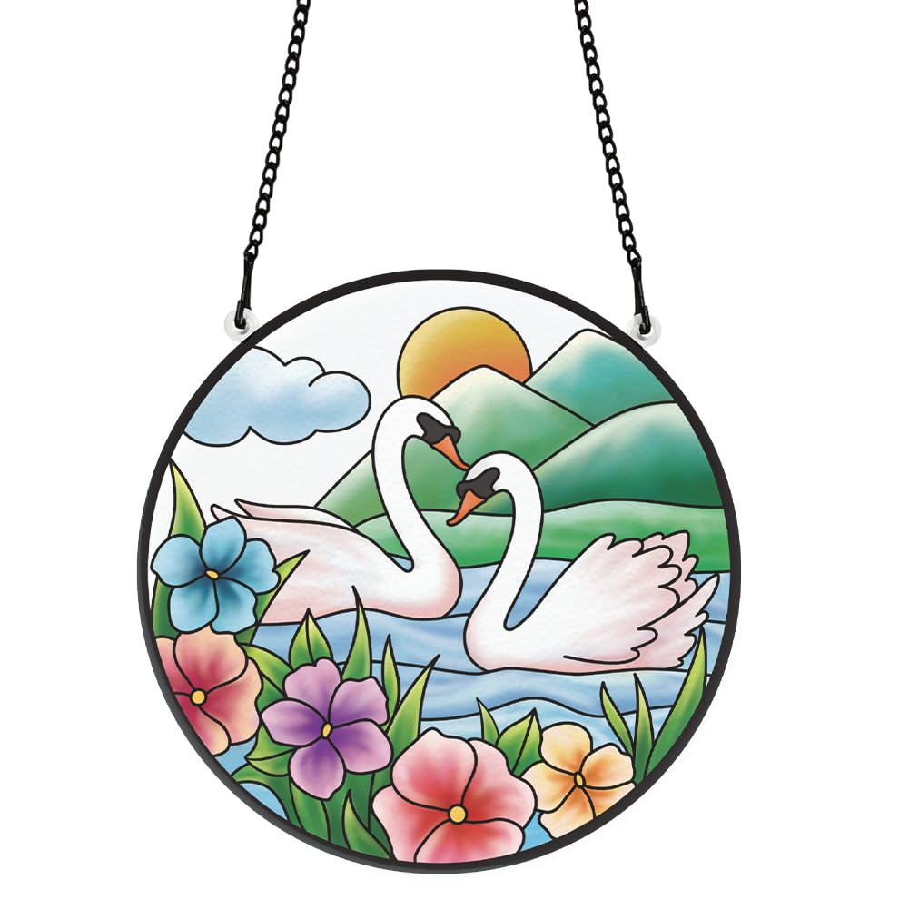 PLIGREAT Suncatchers Flowers Swan Acrylic Stained Glass Sun Catcher Summer Hanging Ornament for Bedroom Living Room Patio Wall Pediments Window Decoration Garden Tree Decor Housewarming Memorial Gifts