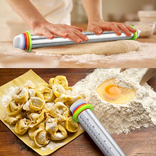 Rolling Pin with Rolling Mat, TedGem Adjustable Stainless Steel Rolling Pin Dough Roller with 4 Removable Thickness Rings Guides for Pie Crust, Dough Pizza Pie Cookies, Including a Pastry Mat - Thumbnail 7