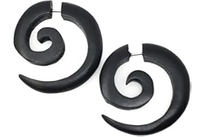 UMBRELLALABORATORY Tribal Organic Wooden Earrings - Fake Gauge Hippie Natural Black Brown Wood Faux Plugs Tapers - Emo Goth Punk Spiral Gothic 316L Surgical Steel Hypoallergenic