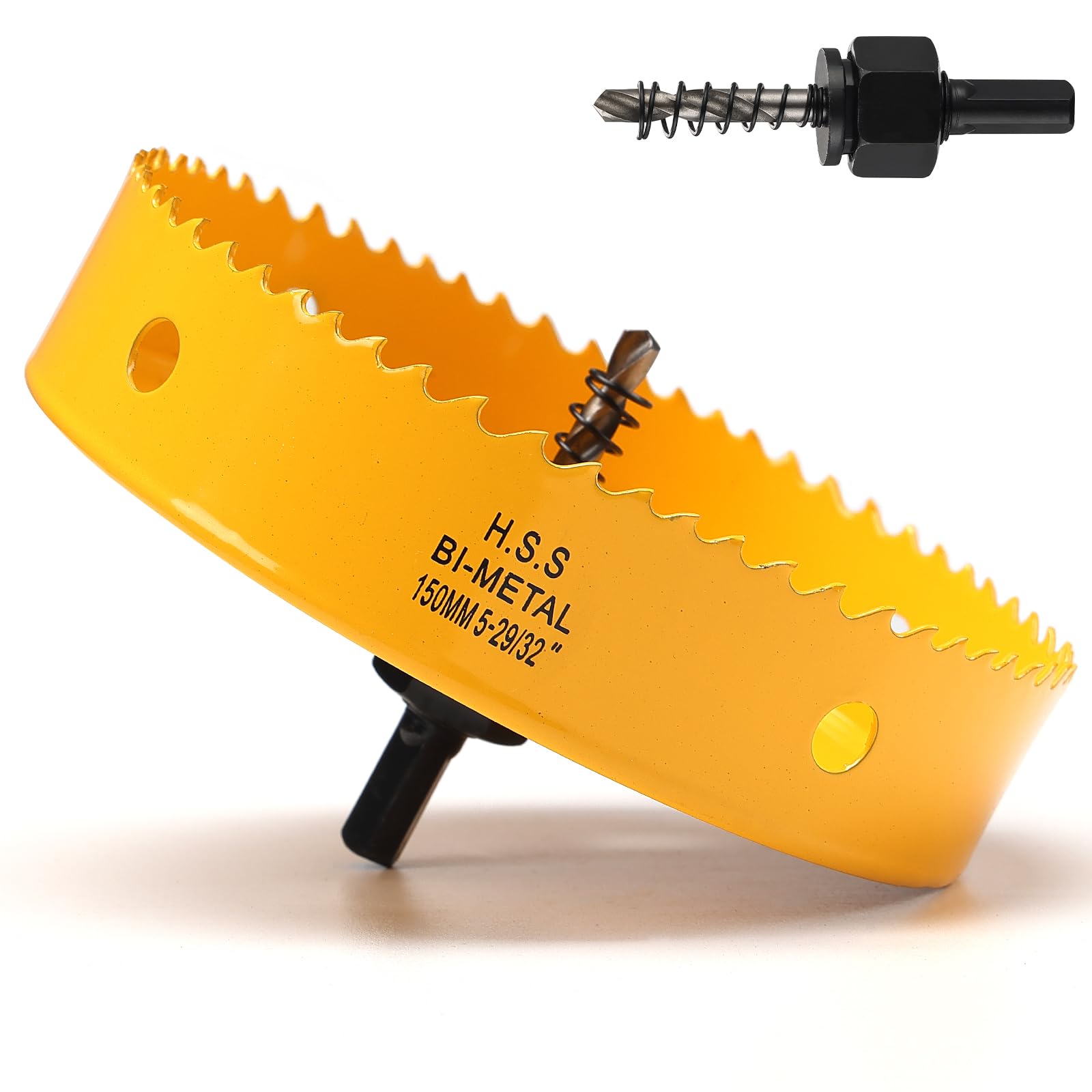 150mm Hole Saw, HSS Bi-Metal Hole Cutter with Drill Bit for Wood, Plastic, PVC, Fiberglass and Plasterboard, Yellow