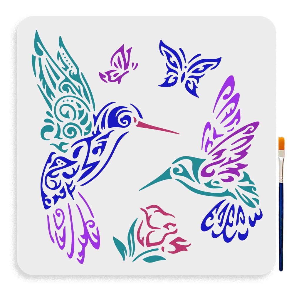MAYJOYDIY Hummingbird Stencil Set - 30×30cm Large Reusable Painting Template (Floral & Butterfly Design) for Wood, Canvas & Fabric Art - Includes Brush