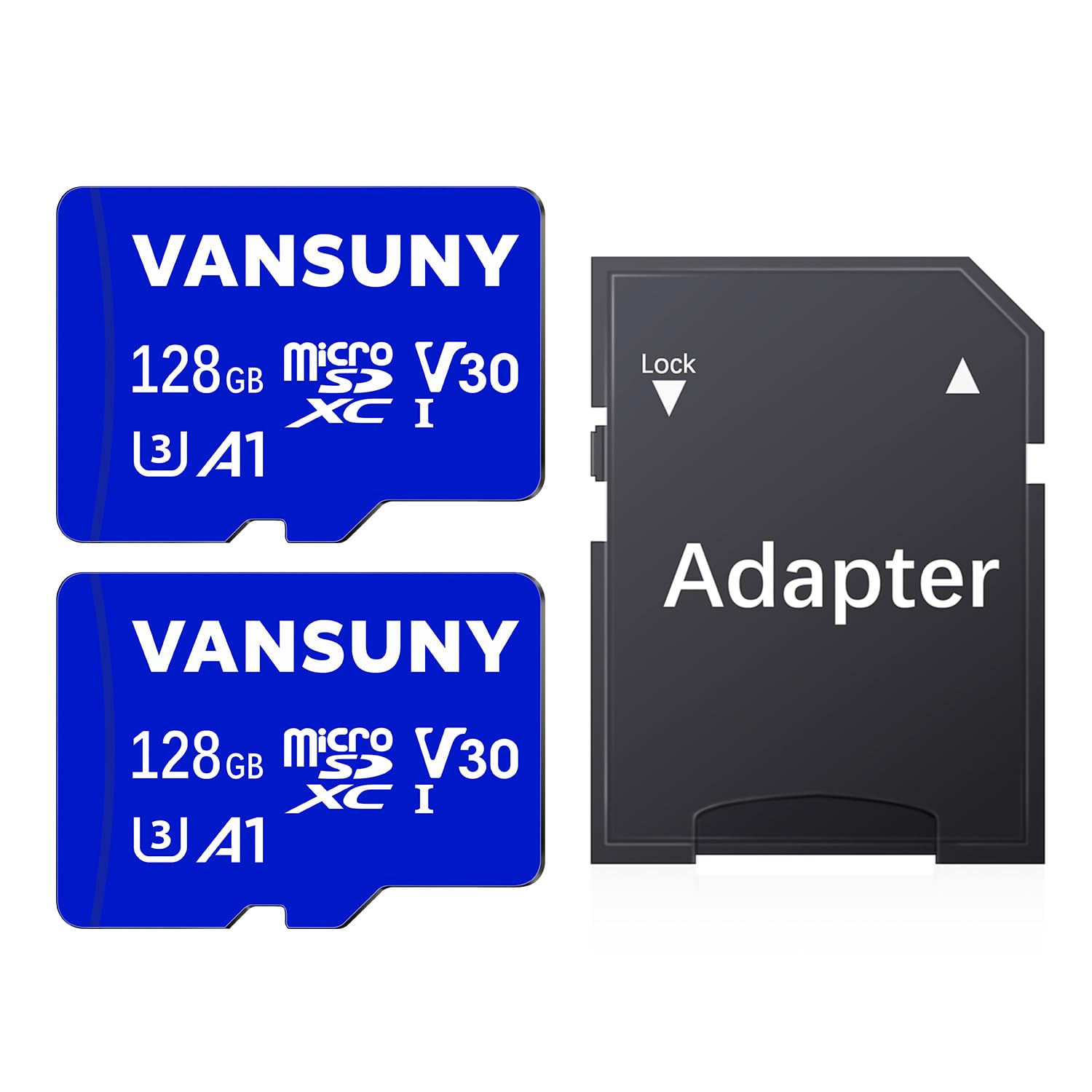 Vansuny 2Pack 128GB Micro SD Card 128GB MicroSDXC Memory Card with A1 U3 Class10 V30 4K Video Recording TF Card (2 Micro SD Cards + 1 SD Adapter)