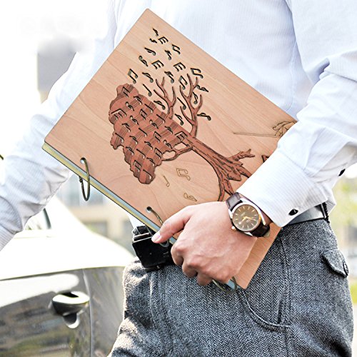 PETAFLOP A4 and Letter Size Expanding File Folders Music Notes Design Wood Carved Cover Document Organizer, 48 Pockets