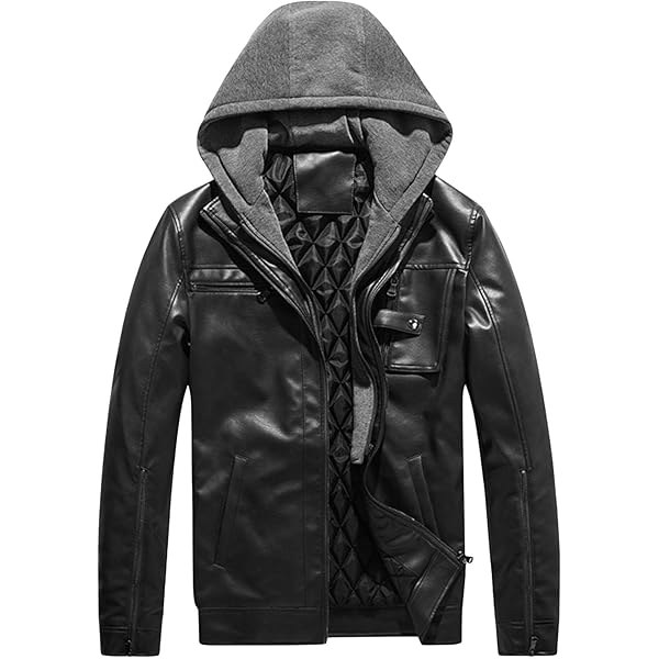 SWJGLITTR Men's Hooded Leather Jacket Male Warm Winter Pocket