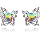 GEMMANCE Valentine's Day Gift For Women Butterfly Crystal Stud Earrings with Premium Birthstone, Silver-Tone