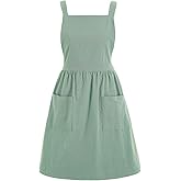 Pinknoke Cotton Linen Pinafore Apron Dress for Women with Pockets Cute Art Chef Aprons for Kitchen Baking Gardening Painting