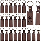 ACRNIGHEET 60 PCS Leather Wood Keychain Blanks Unfinished Wooden Keychains Rectangular Shape Black Walnut Wood Keychains Blanks for Engraving DIY Crafts Personalized Gifts