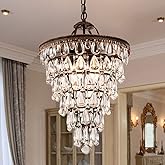 Wellmet 14 Inch Crystal Chandelier,Farmhouse Bronze Bathroom Chandeliers,4-Light Foyer Lighting Hanging Pendant Light Fixture