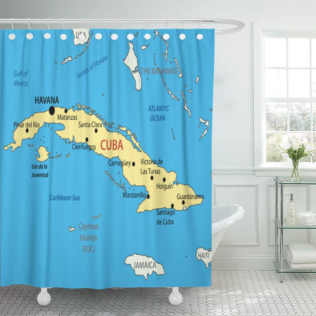 Semtomn Shower Curtain Caribbean Blue Havana Republic Of Cuba Map