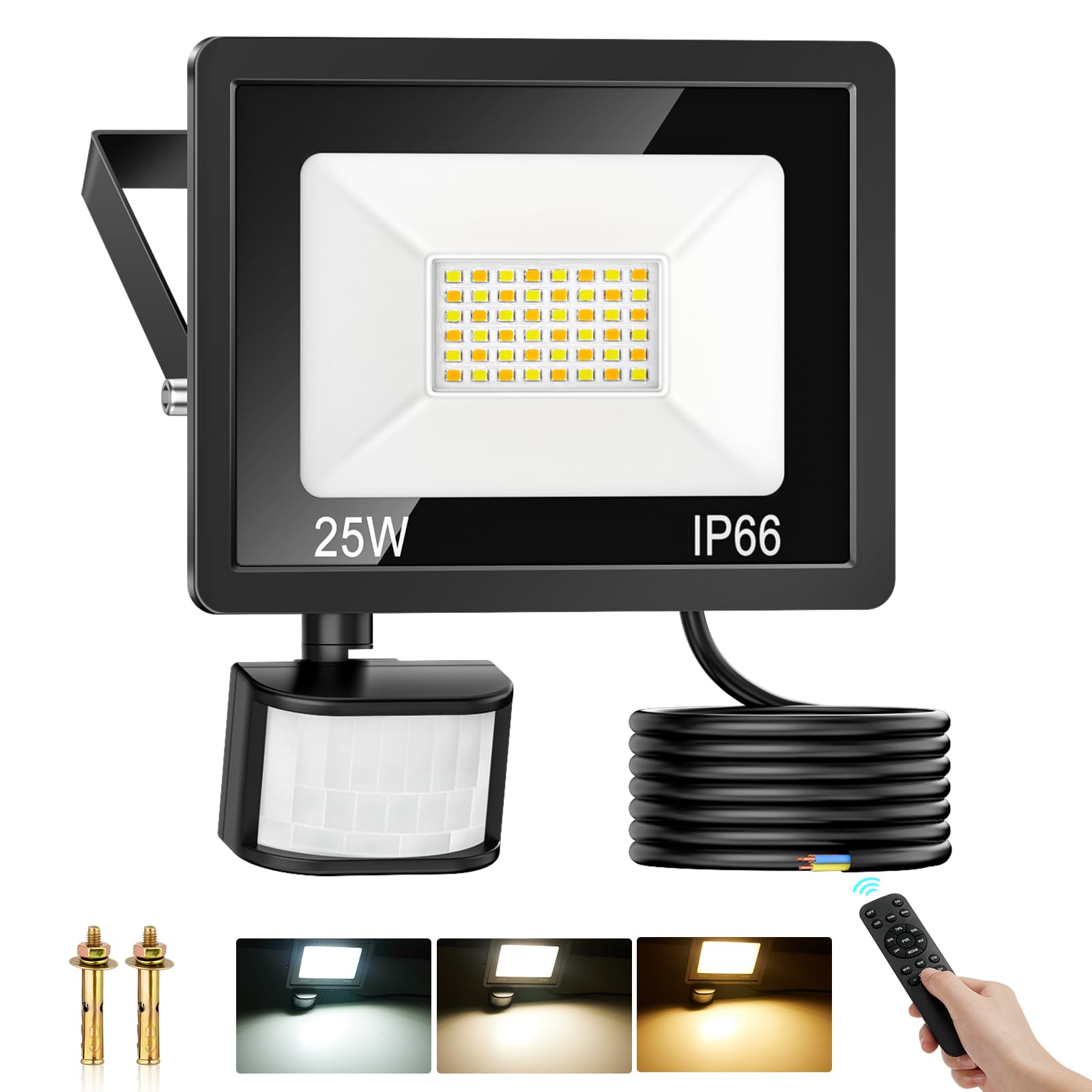 25W Security Lights Outdoor Motion Sensor, 2700LM PIR Sensor Security Light Dimmable 3000K 4000K 6500K, IP66 Waterproof LED Floodlights Outside Light with Remote Control for Garden Backyard Garage