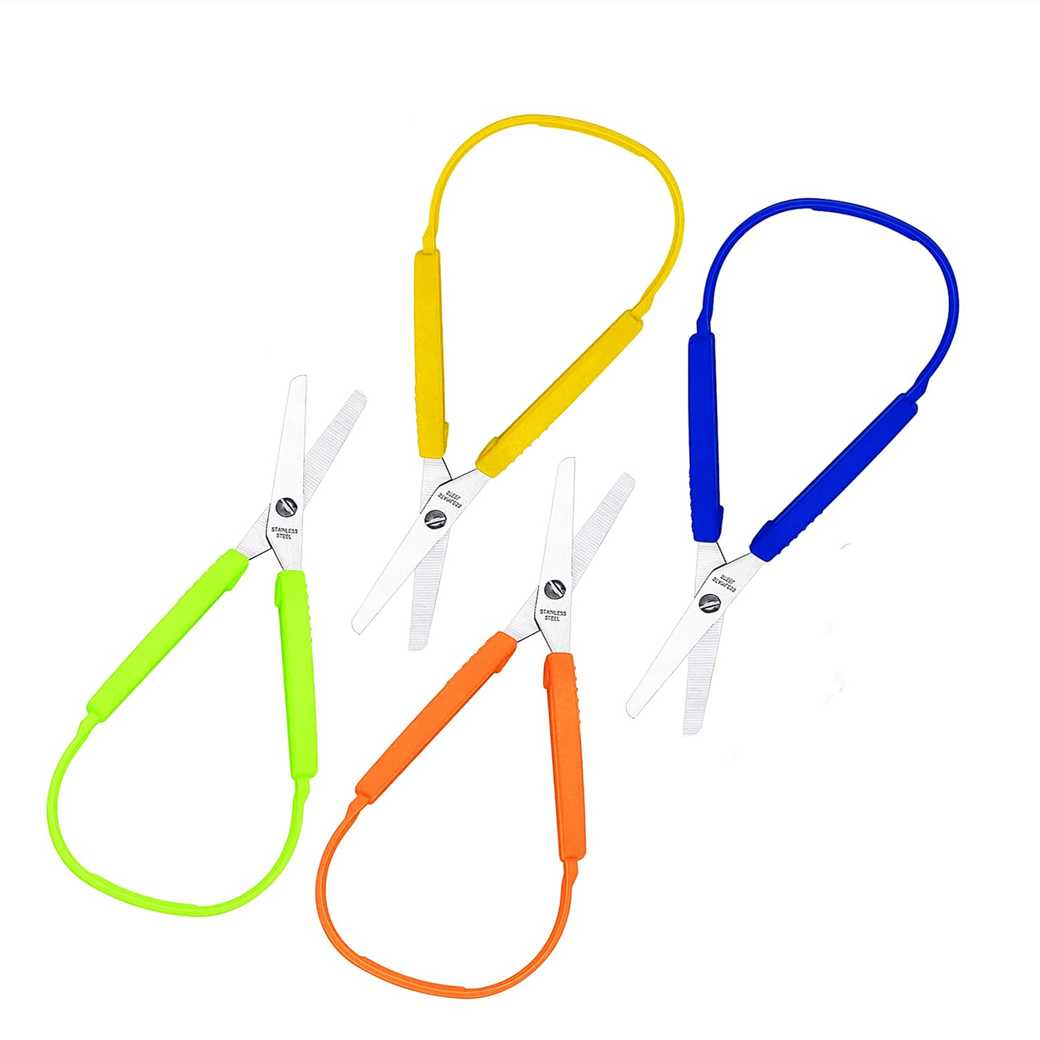 Yunmoxiao 4 Pcs 5.5 Inch Loop Handle Self-Opening Scissors, Ambidextrous, Silver, Stainless Steel, Ergonomic, Scissors, School, Home, Special Needs