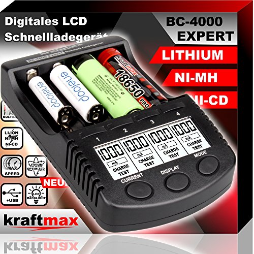 Kraftmax BC-4000 Expert Ladegerät – Universelles Akku Ladegerät für AA/AAA NiMH & NiCd SMART Li-Ion Technology, Innenwiderstandsmessung, LCD Display &