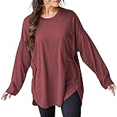 VNIRA Oversized Long Sleeve T Shirts for Women Side Split Round Hem Crew Neck Cotton Work Out Casual Fall Tunic Tops