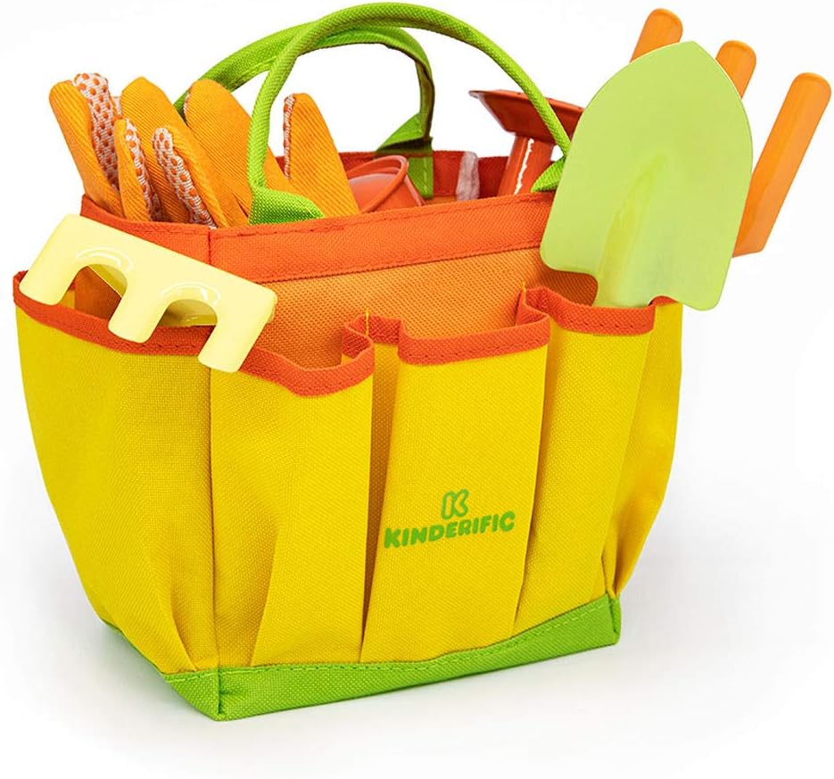 Kinderific Gardening Tool Set, Designed for Kids, STEM, Tote Bag, Spade, Watering Can, Rake, Fork, Trowel, Gloves: Toys & Games