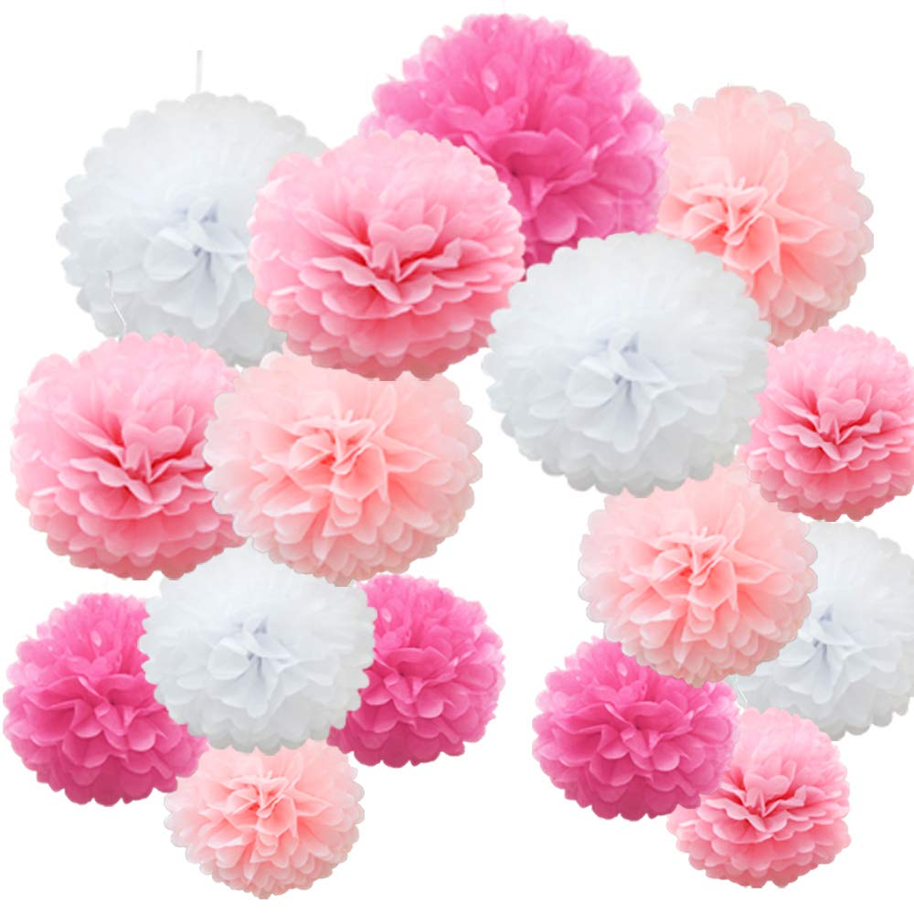 Time to Sparkle 16pcs Mix Tissue Paper Pompoms Pom Poms Flower Handmade Wedding Party Decorations Balls, Pink Shade