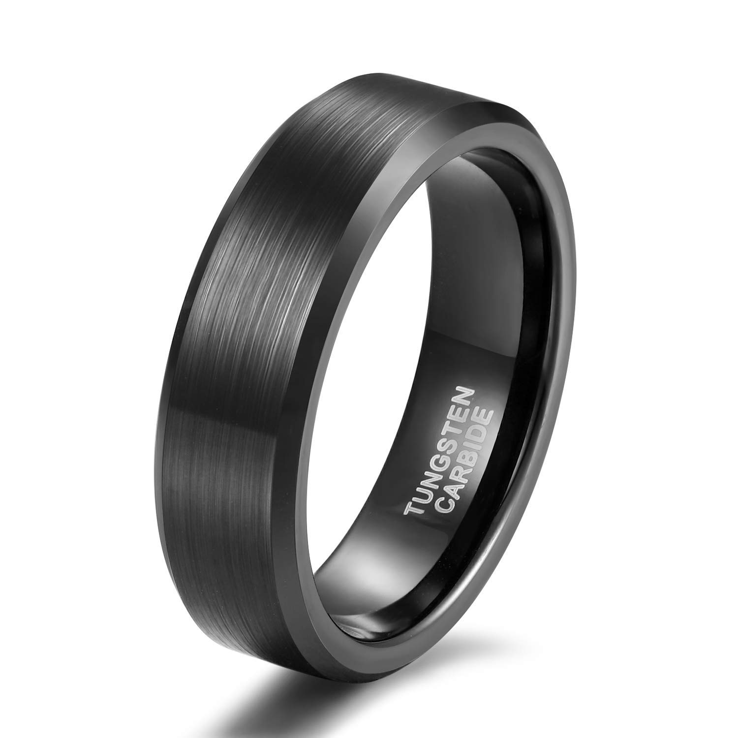 Titaniumcentral 4mm 6mm 8mm Tungsten Carbide Ring for Men Women Beveled Edge Brushed Engagement Wedding Band Comfort Fit (Black 6mm,Size O 1/2) — image 1