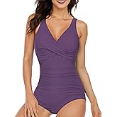 Women's One Piece Swimsuits Ruched Slimming Bathing Suits for Women V Neck Criss Cross Ruched Push Up Slimming Swimwear Purple