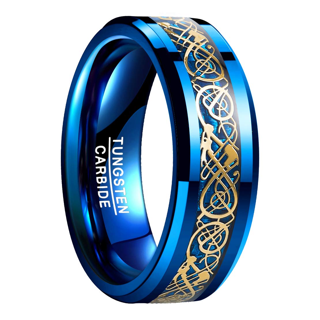 NUNCAD Men's Rings 8mm Blue Tungsten Carbide Ring Gold Celtic Dragon Wedding Band with Carbon Fiber Inlay Beveled Edges for Men Size M1/2