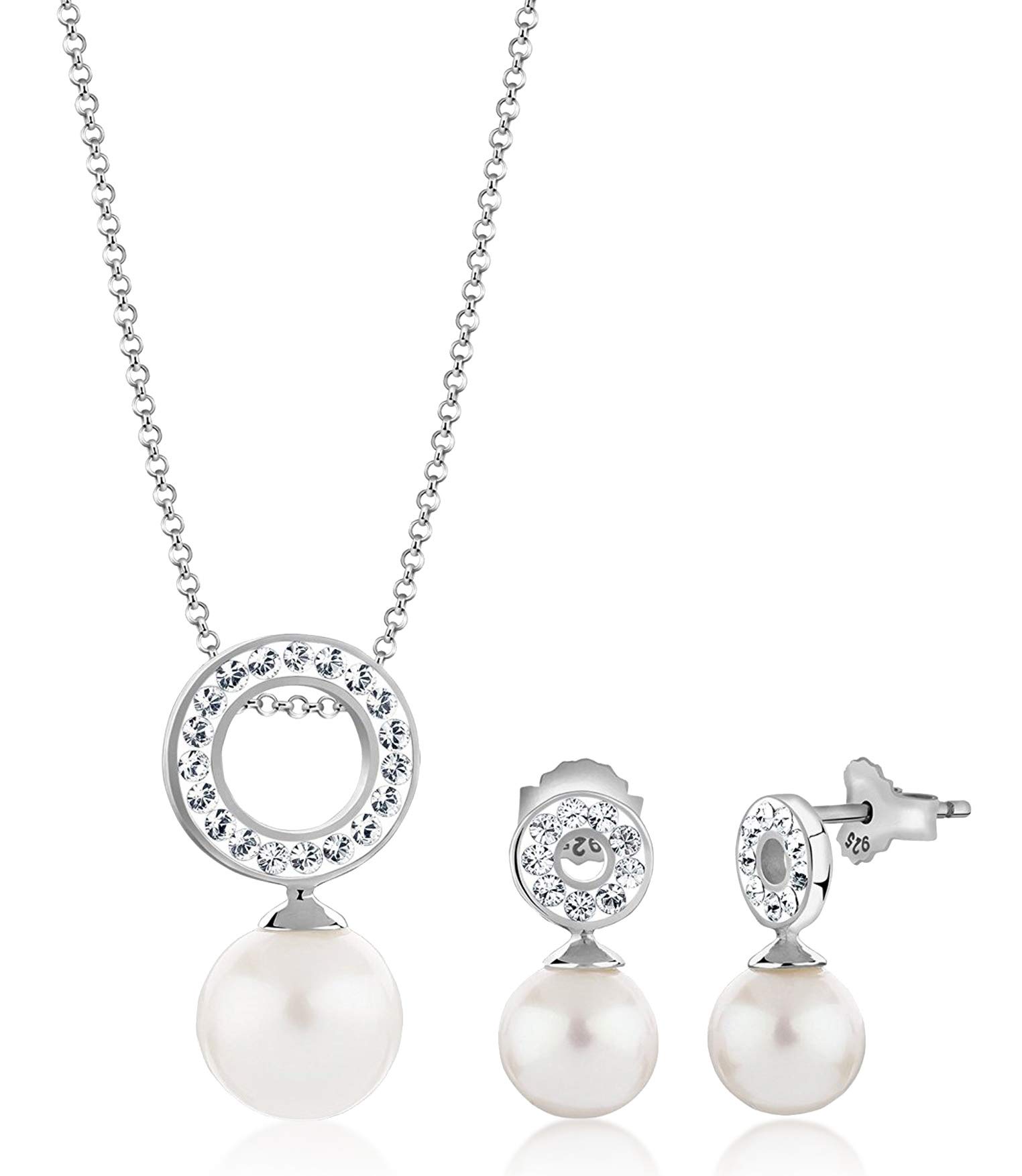Nenalina Women's Jewellery Set with Pearls, Necklace with Pendant and Earrings Made of Shell Pearls and Crystals, Women's Necklace and Earring Set for Women, 925 Silver, Length 45 cm Silver