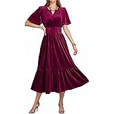 Dokotoo Women's V Neck Short Flared Sleeve Wedding Guest Dress Elastic Waist Tiered Ruffle Hem Velvet Dress