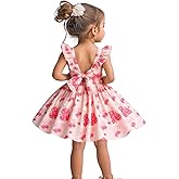 HILEELANG Fancy Girl Dress Spring Summer Pink Rose Floral Flutter Sleeves Backless Tie Back Knot Beach Sundress