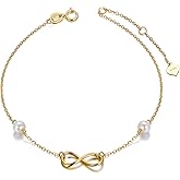 SISGEM 14k Gold Infinity Anklets for Women, Real Pearl Love Knot Ankle Bracelet Jewelry Gifts for Her, 8.6-10.2 Inch