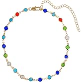 Dreuyet Colorful Gemstone Necklace for Women Multicolor CZ Rainbow Chain Sparkly Choker Dainty 14K Gold Plated Crystal Necklace Party Prom Jewelry