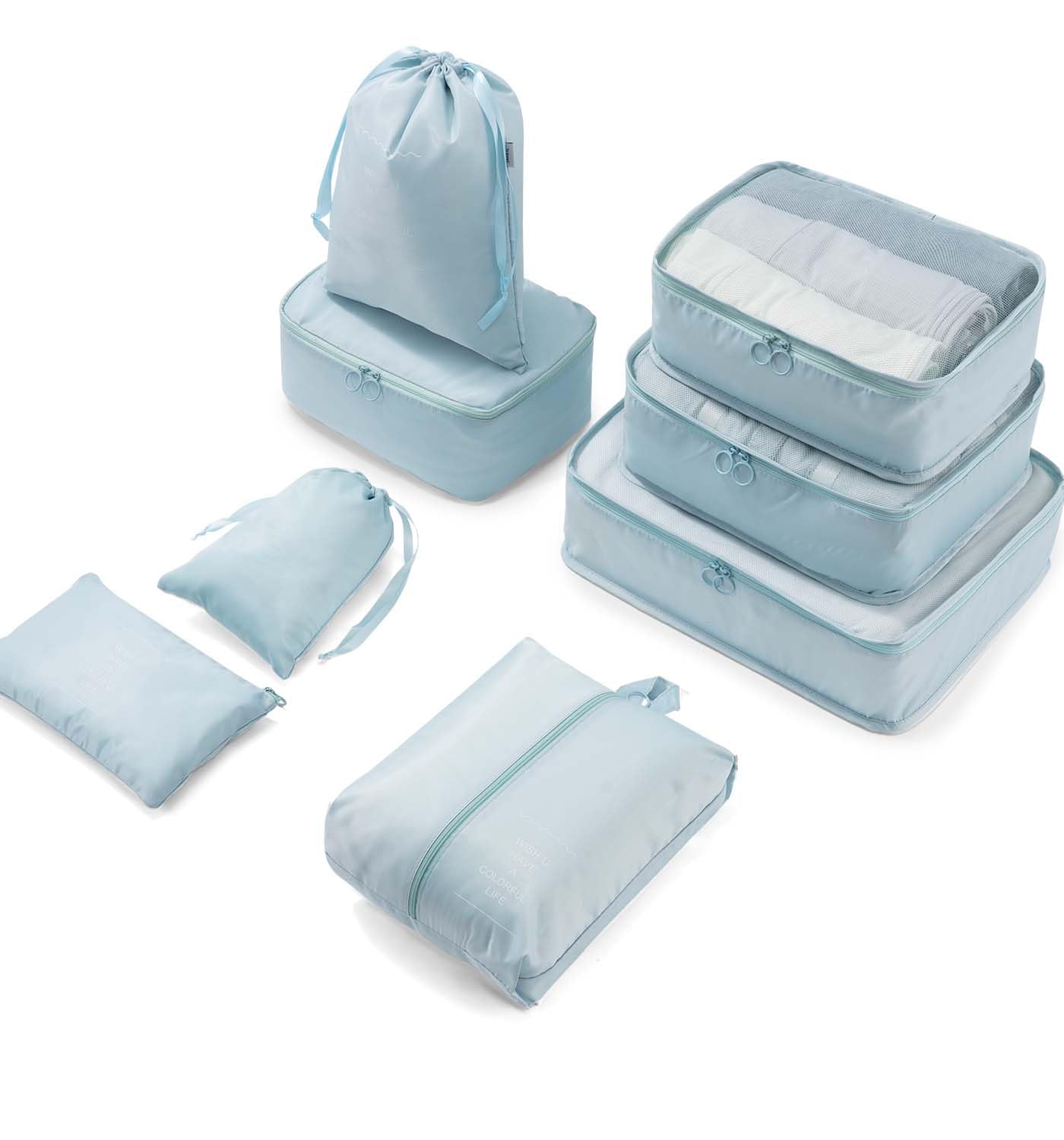 Meowoo Packing Cubes for Suitcases 8Pcs Set, Waterproof Travel Luggage Organizer with Shoes & Toiletries Bags - Lightweight Clothes Storage for Travel Essentials (Sky Blue)