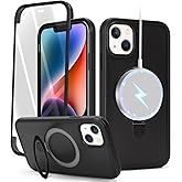 for iPhone 14 Case with Magnetic Ring Stand and Built-in Screen Protector,for Apple iPhone 13 Phone Cases with 360 Full Body Protective and magsafe for Men Women Gril-Black