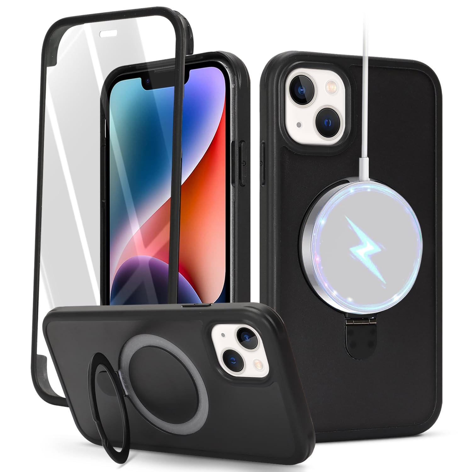 Cavor for iPhone 13 & iPhone 14 Case, Compatible with Magsafe, for iPhone 14 Case with Screen Protector, Stand Protective Magnetic Phone Cover-Matte Black